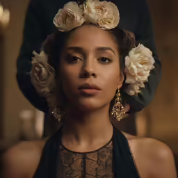 a woman wearing floral headpieces in an elegant dress