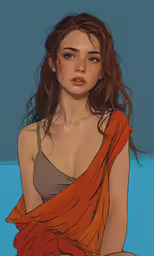 painting of a girl with orange hair, in an orange dress