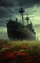 there is an old ship that is docked in the field