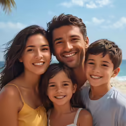 a smiling man standing next to three little children on a beach