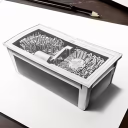 a black and white drawing of a pencil box