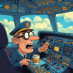 a cartoon pilot is showing something to his companions