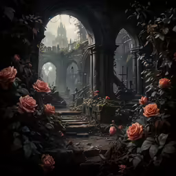 an image of a fairy tale setting with pink flowers and ivy