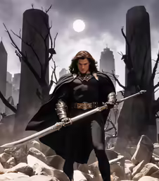 a man in black clothes holding a sword in front of a city