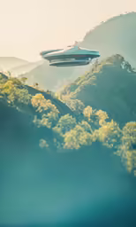 a futuristic looking device in the air over mountains
