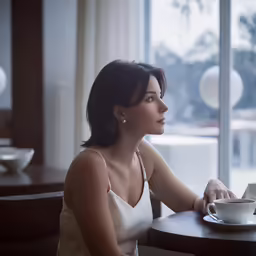 woman sitting in front of large window with teacup on saucer at table