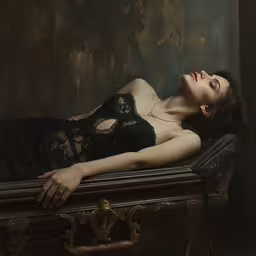 an image of woman in black dress laying on trunk,a woman is wearing lingerie lying on chest