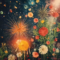 a bunch of flowers and plants on a night