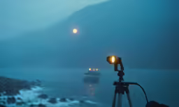 a tripod light on a tripod looking out at a ship