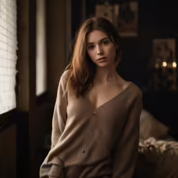 a woman wearing a sweater stands near a brick wall