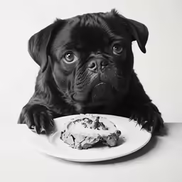 the dog is lying down and looking at the plate of food