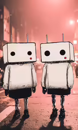 two little robots that are standing in the street