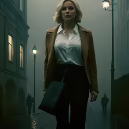 a woman in a suit walks down the street