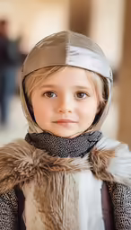 a small child wearing a helmet and fur