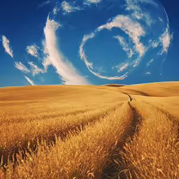 a large wheat field with a blue sky and white clouds