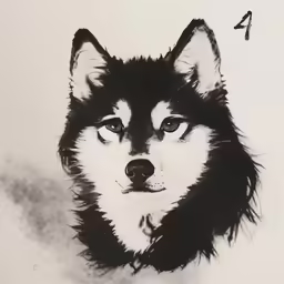 this drawing depicts the head of a dog with a black and white spot