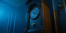 a small clock sitting on a table in front of a door
