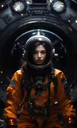 a woman wearing an orange spacesuit sitting in front of a large machine