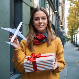 young woman with paper airplane gift and cardboard box