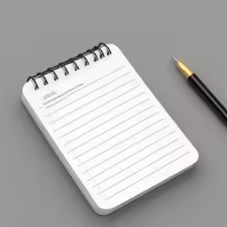 an open notepad and a fountain pen sit on a table