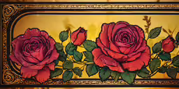 some very pretty flowers on a glass block,a painting of roses against a yellow background