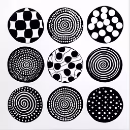 a large collection of circular and circle design black and white,some different shapes and sizes of dots