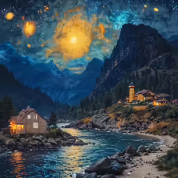 a painting of some mountain houses by a lake