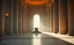 the sun shines brightly through a arched window at a building with columns