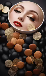 a woman with gold earrings is surrounded by black rocks