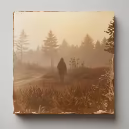 a brown toned photo of a person walking through a foggy field