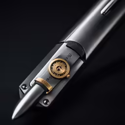 a metal pen sitting on top of a black table