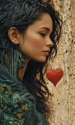 a woman with long black hair is holding an apple in her hand