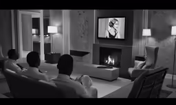three men sitting in chairs watching tv with one on his cell phone