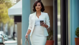 a woman wearing a white dress and a coat holding a purse