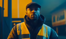 a black man in a yellow and gray jacket and a hat