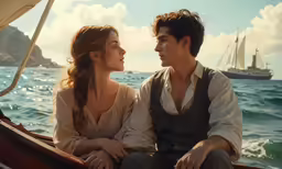 a man and a woman are sitting on a boat looking at each other