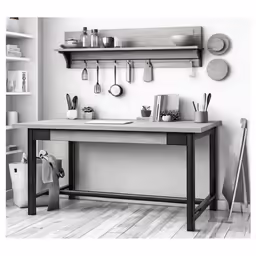 a table and shelf with pots and pans on it