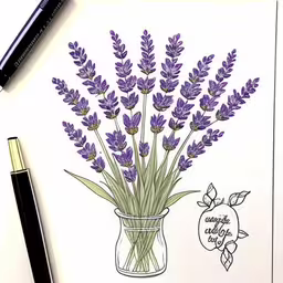 a drawing of lavender flowers in a glass vase,a pen and drawing of a vase with flowers in it,an ink drawing of lavender flowers in a jar,there is a drawing of some lavender in a glass vase,a drawing of a bunch of lavender flowers in a vase