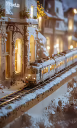 the train is traveling on the tracks at night