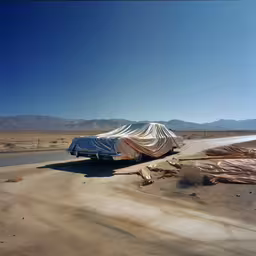 a car covered with tarps sits on the side of the road,there is a large sheet over the truck