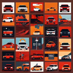 a bunch of different colorful pictures of cars,many different colored cars with people standing around them