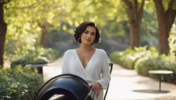 a woman holding a large object and sitting on top of it