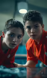 two young children, one in red and one in blue, are looking at something