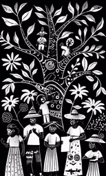 black and white illustration of people in a garden