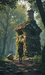 an old stone building sitting in the middle of a forest
