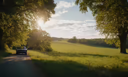 the sun is shining brightly over a grassy field and some trees