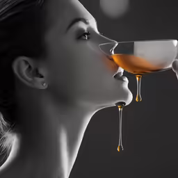 a beautiful woman drinking an orange juice with the drop of honey dripping from it