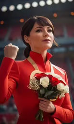a female with a flower on her hands is standing in a stadium