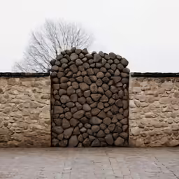 a brick wall made of large rocks and tree branches