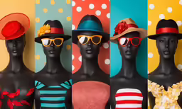 four female mannequins wearing vintage fashion and sun shades